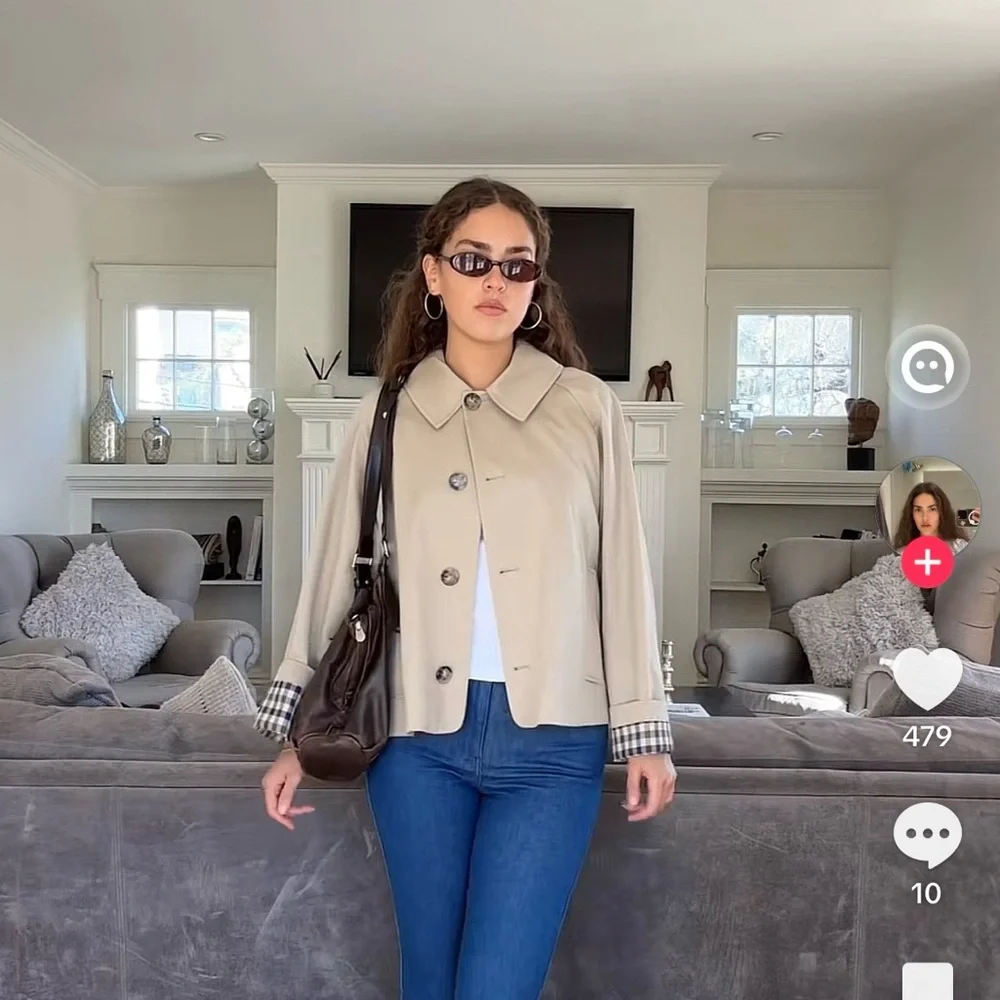 Sezane Bobby Jacket, Light Beige & Gingham, Oversized Cropped Trench, NWT Size 2 - Picture 12 of 16